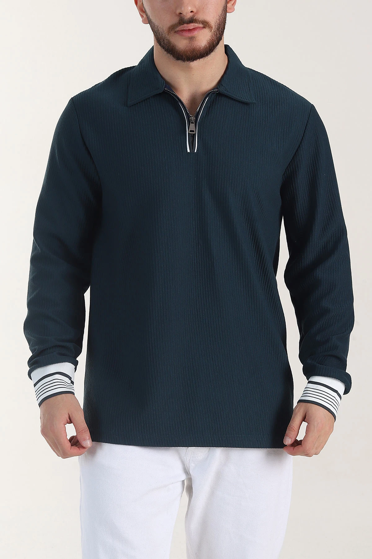 İndigo Fitilli Yarım Fermuarlı Dik Yaka Erkek Sweatshirt 404810