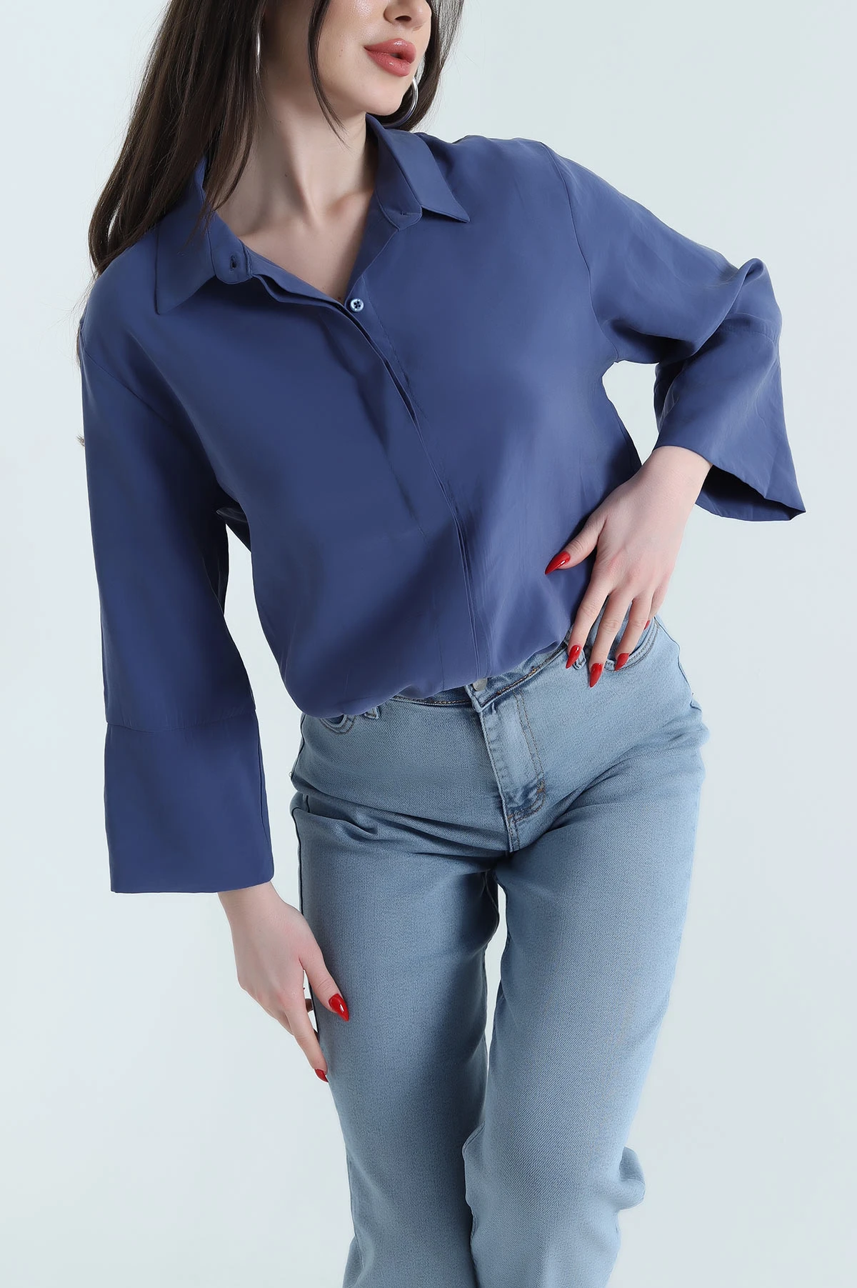 İndigo Gizli Pat Oversize Modal Kadın Gömlek 440204