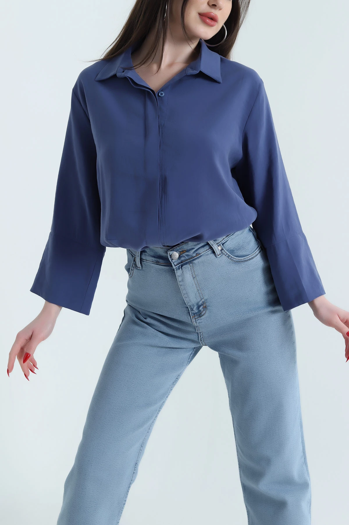İndigo Gizli Pat Oversize Modal Kadın Gömlek 440204