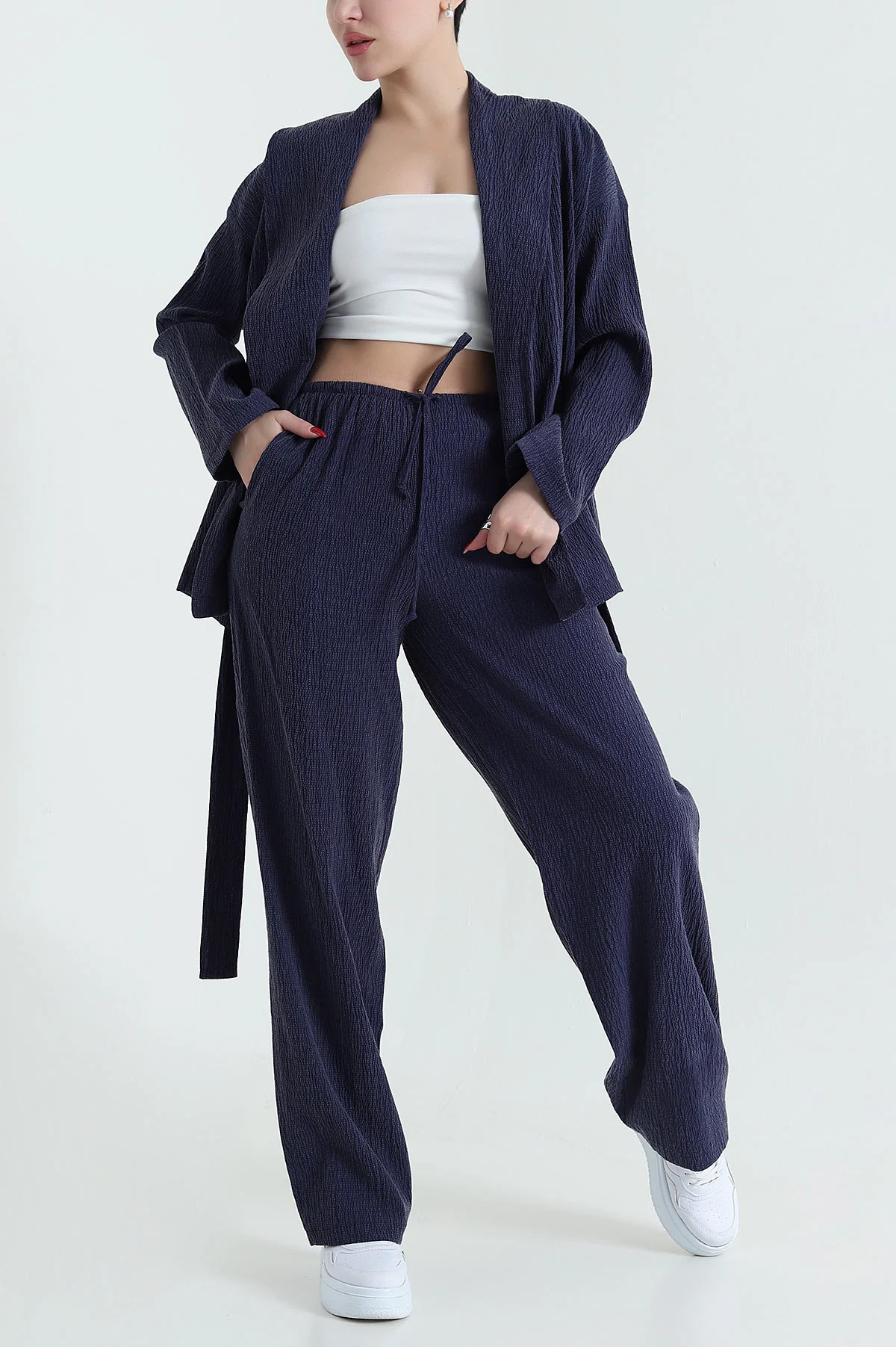 İndigo Gofre Kimono Pantolon Kadın İkili Takım 429933