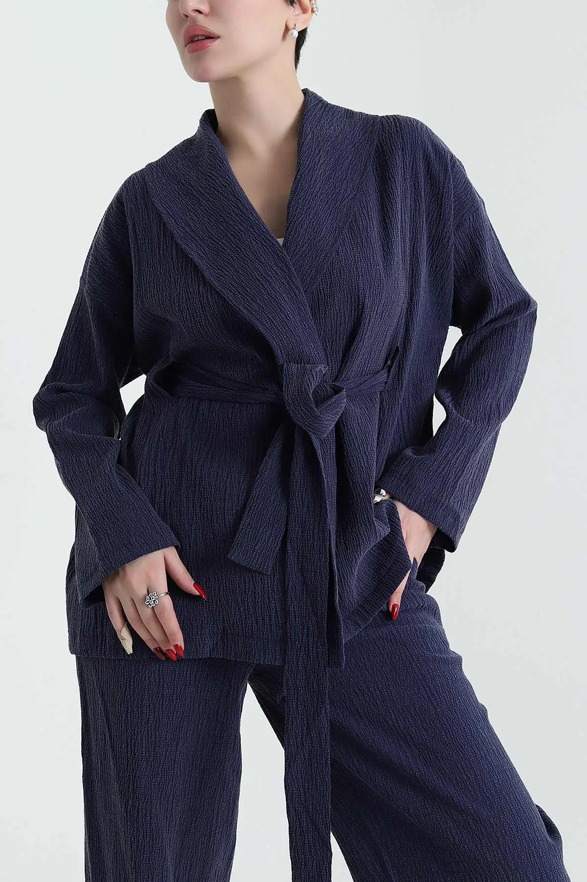 İndigo Gofre Kimono Pantolon Kadın İkili Takım 429933