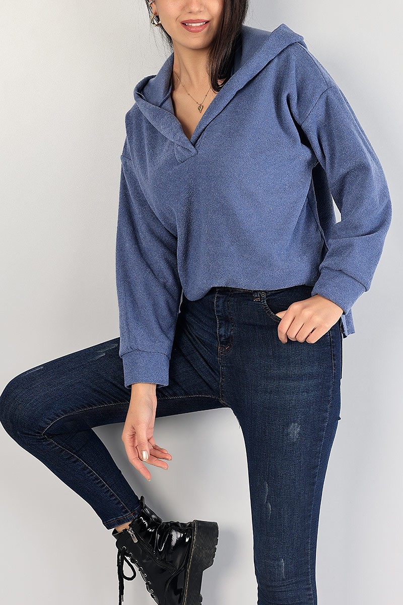 İndigo Kapüşonlu Polarlı Bayan Sweat 83541