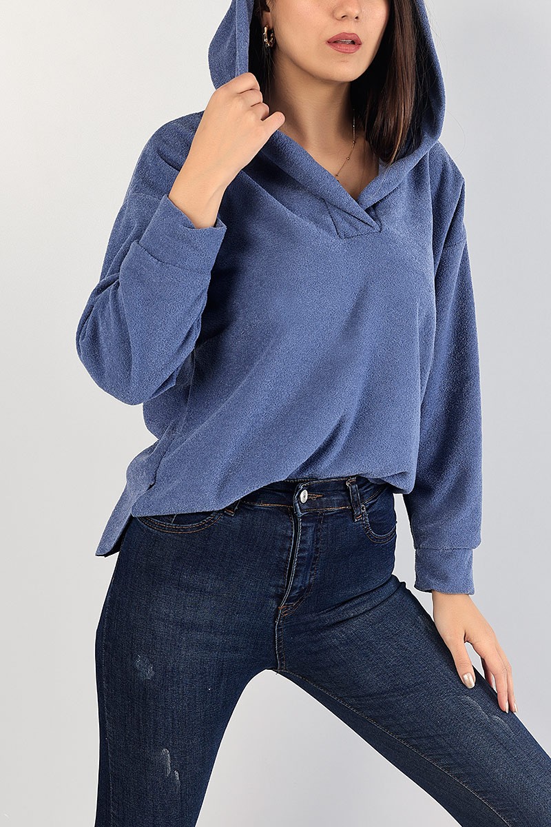 İndigo Kapüşonlu Polarlı Bayan Sweat 83541