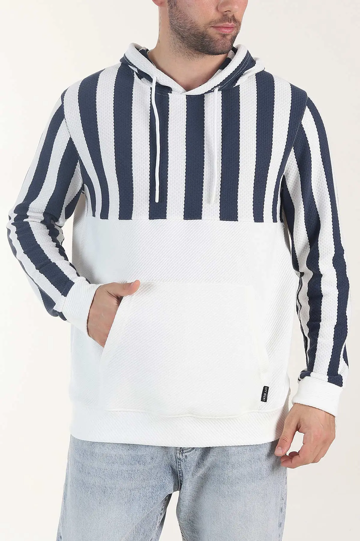 İndigo Kapüşonlu Şerit Detaylı Erkek Sweatshirt 408068