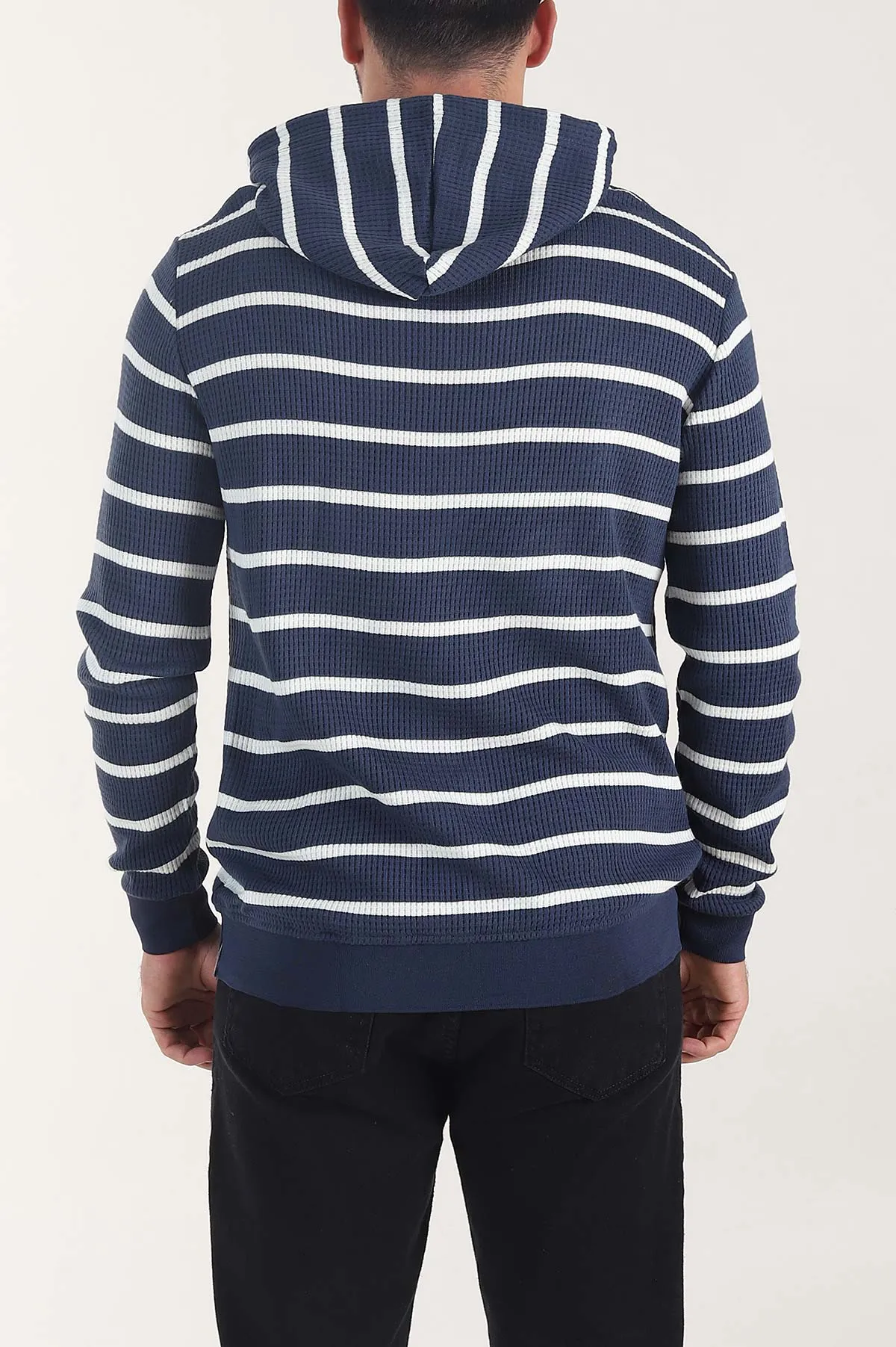 İndigo Kapüşonlu Yazı Detaylı Çizgili Erkek Sweatshirt 407972