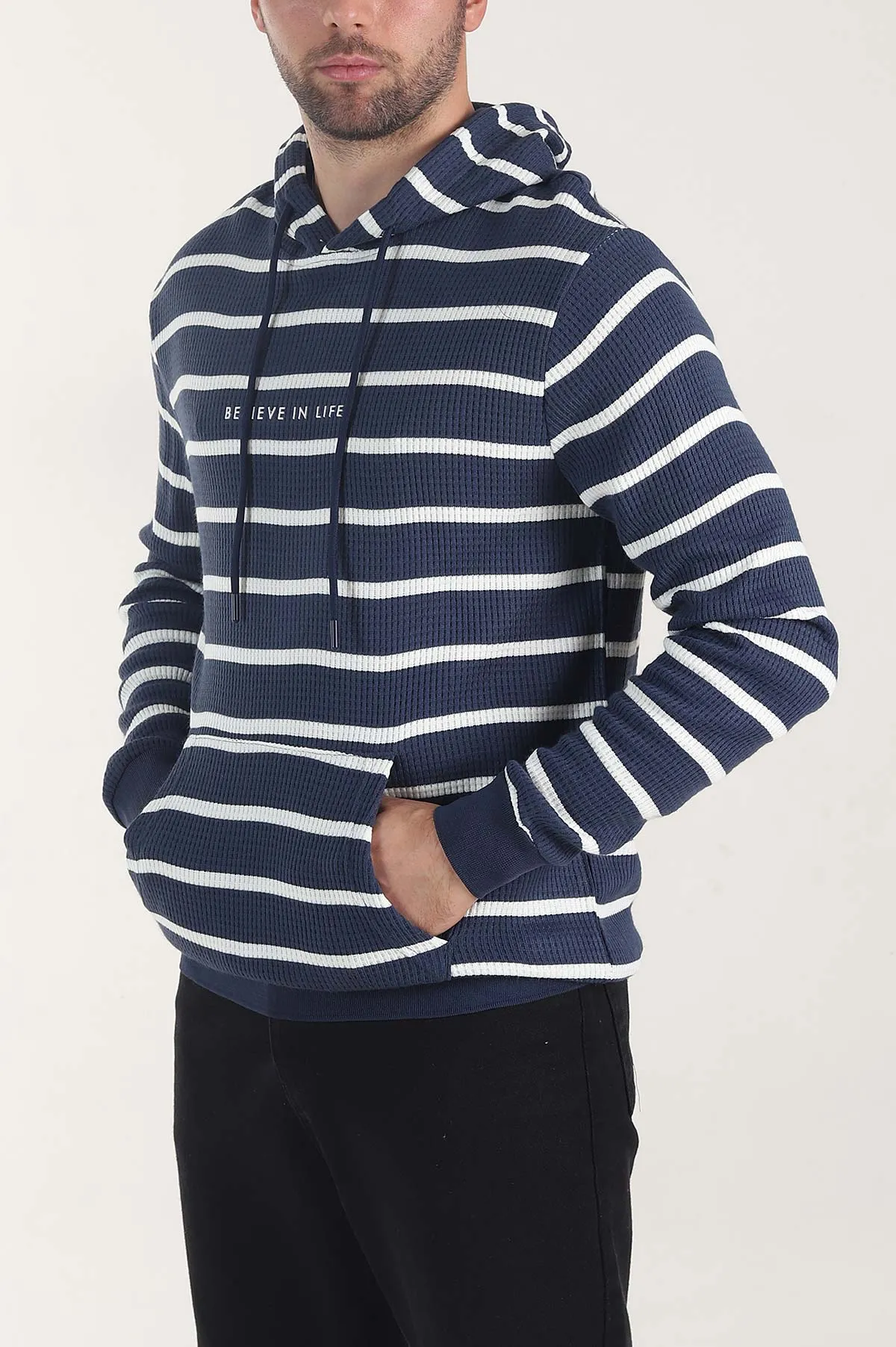 İndigo Kapüşonlu Yazı Detaylı Çizgili Erkek Sweatshirt 407972