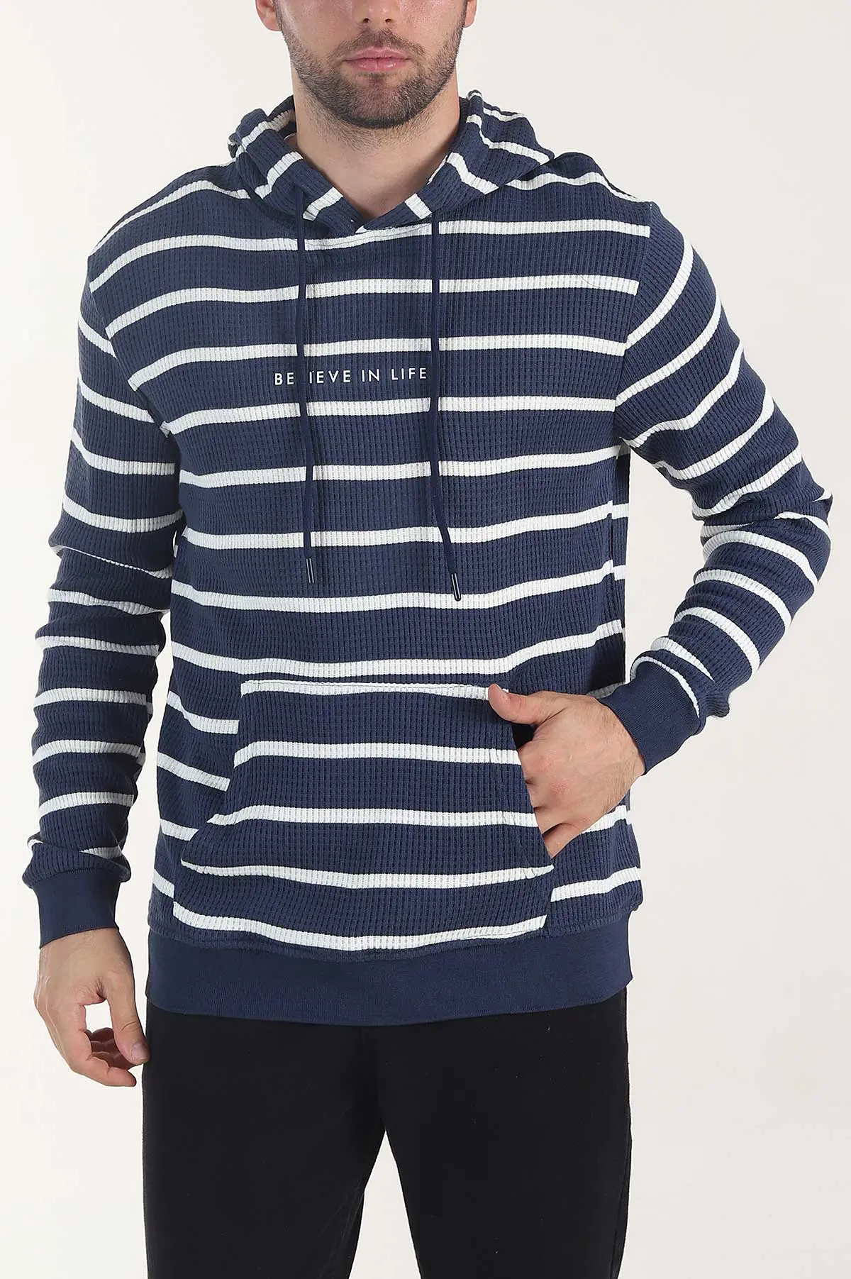 İndigo Kapüşonlu Yazı Detaylı Çizgili Erkek Sweatshirt 407972