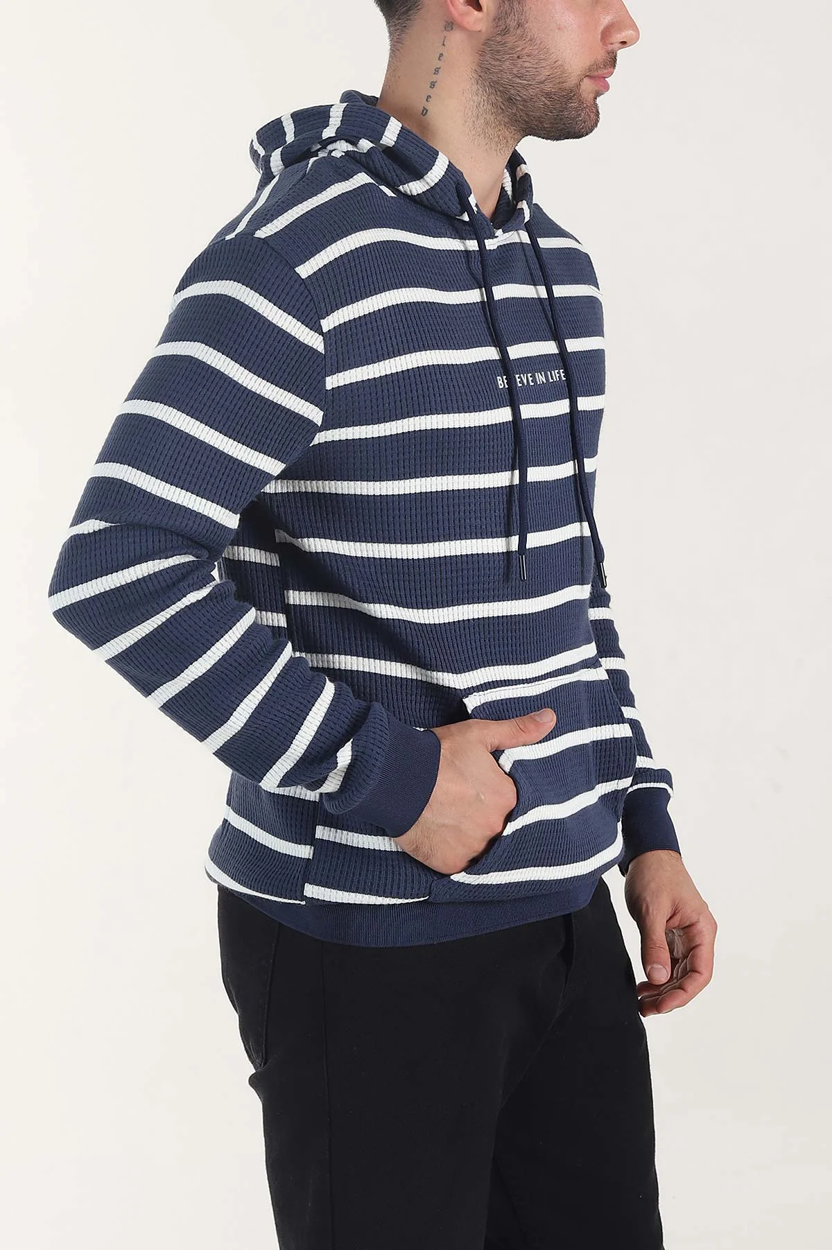 İndigo Kapüşonlu Yazı Detaylı Çizgili Erkek Sweatshirt 407972
