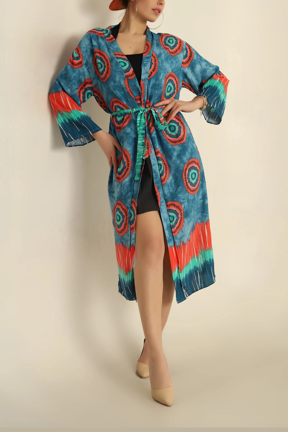 İndigo Kemerli Dokuma Viskon Kimono 251688