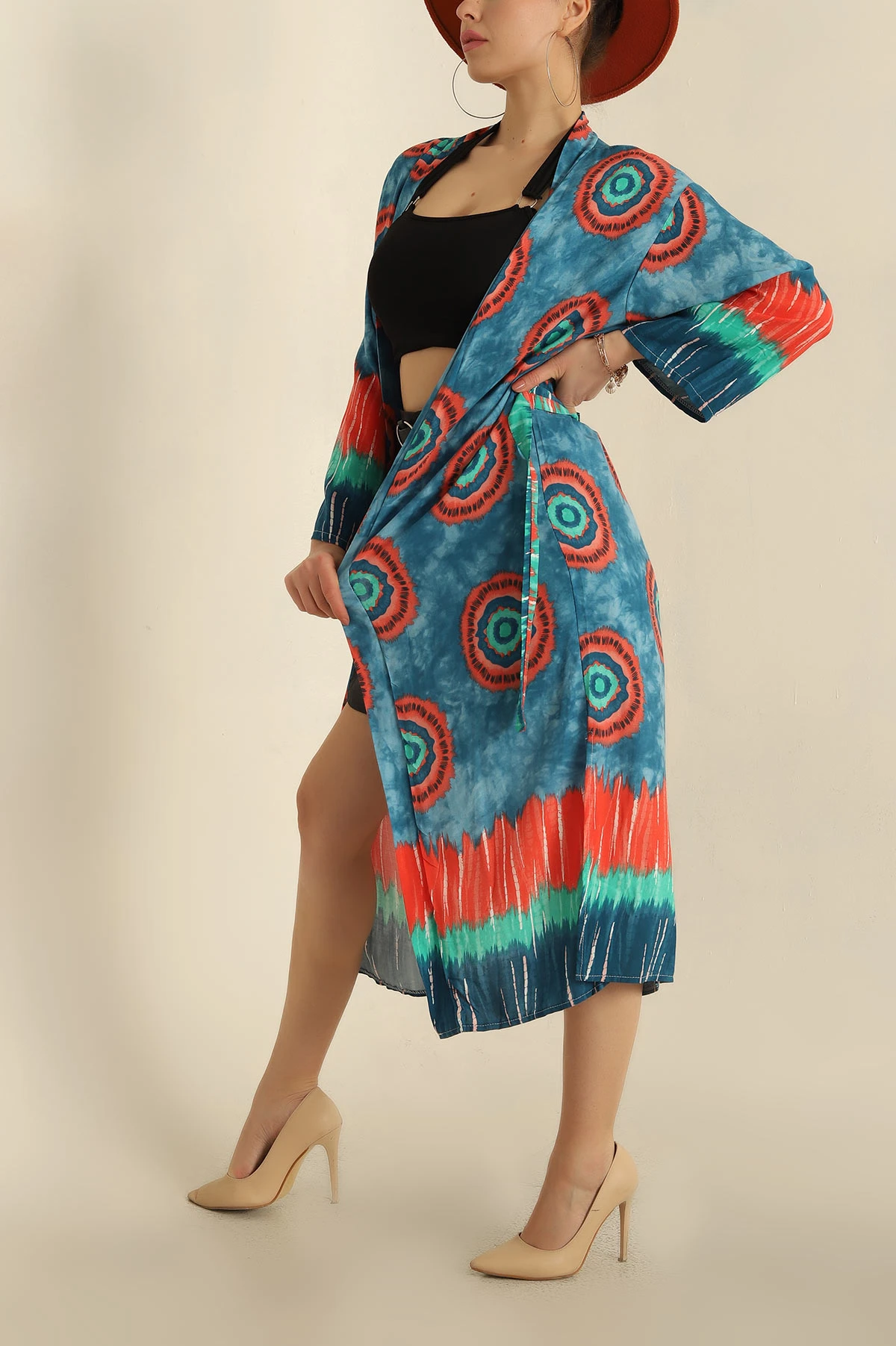 İndigo Kemerli Dokuma Viskon Kimono 251688