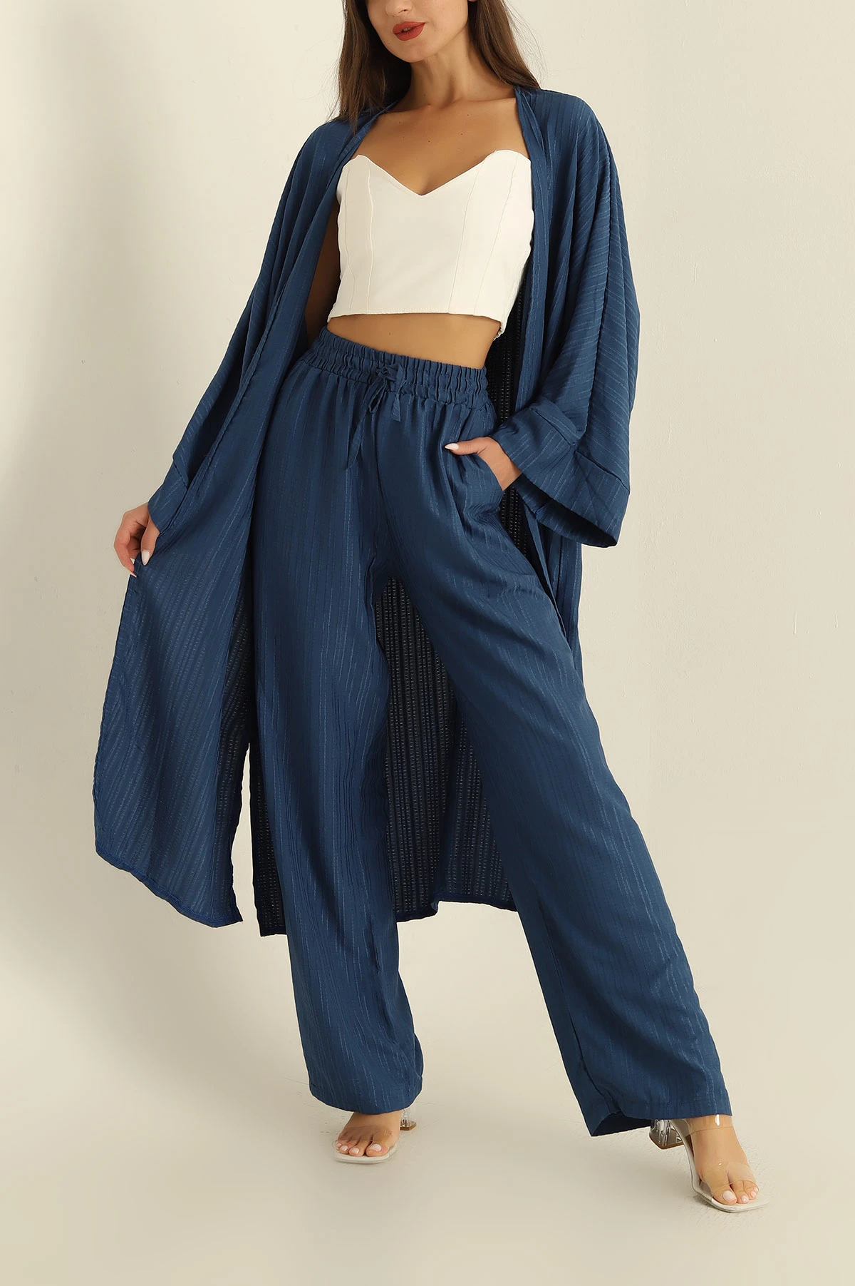 İndigo Krinkıl Dokuma Kimono Pantolon İkili Takım 284156
