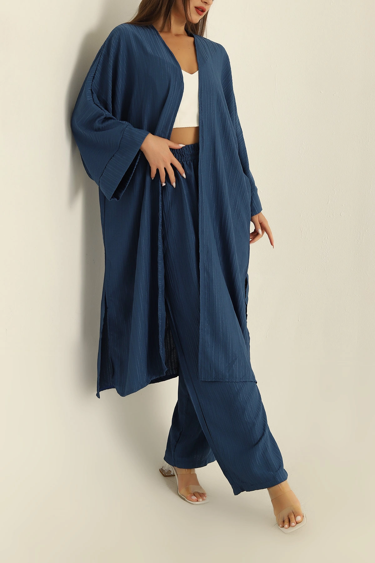 İndigo Krinkıl Dokuma Kimono Pantolon İkili Takım 284156
