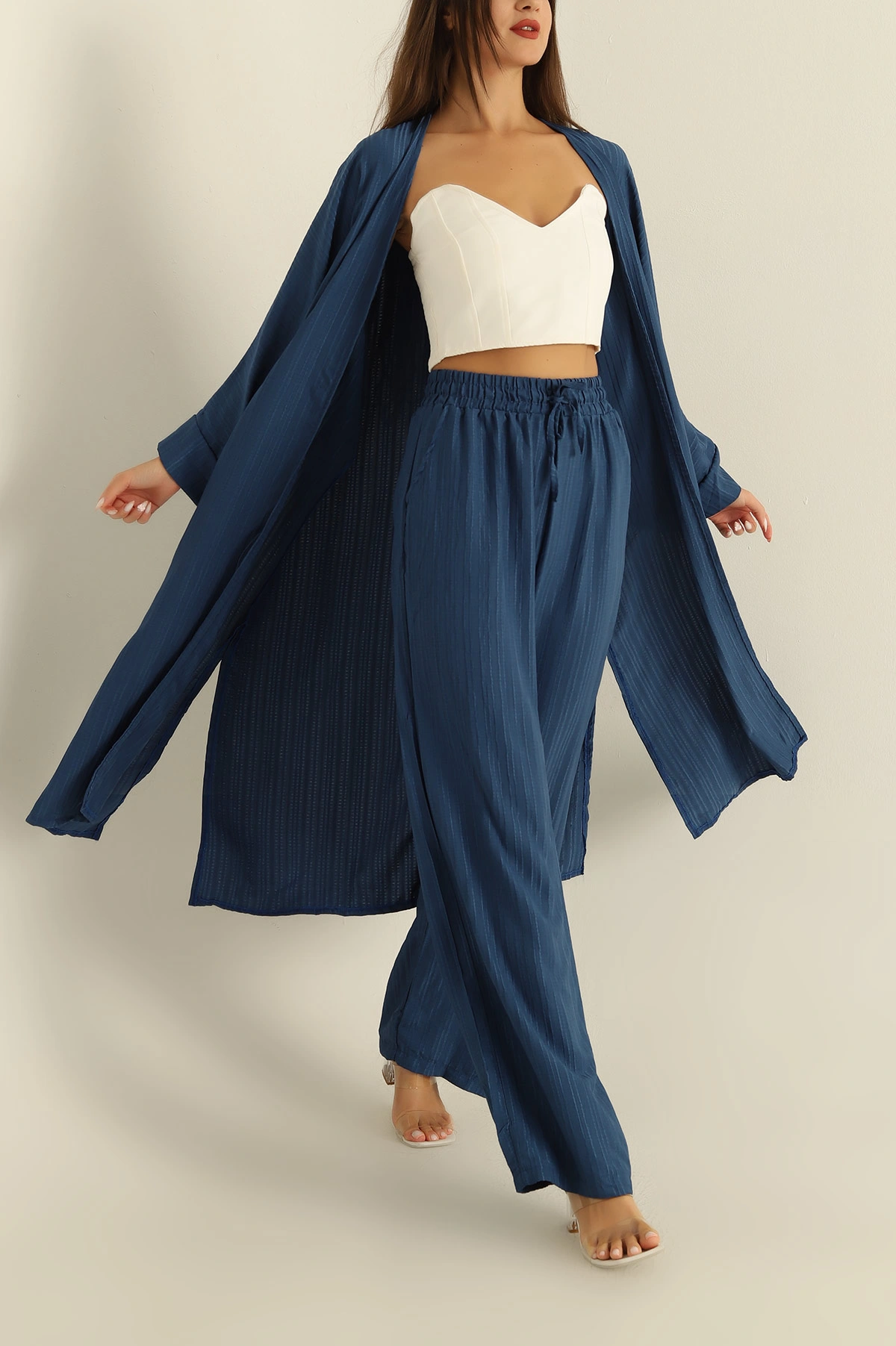 İndigo Krinkıl Dokuma Kimono Pantolon İkili Takım 284156