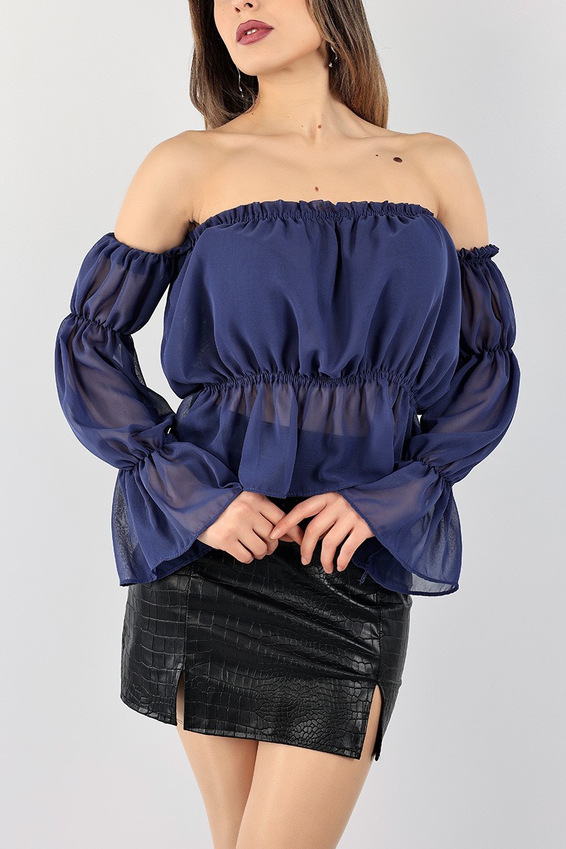 İndigo Madonna Yaka Şifon Bluz 99149