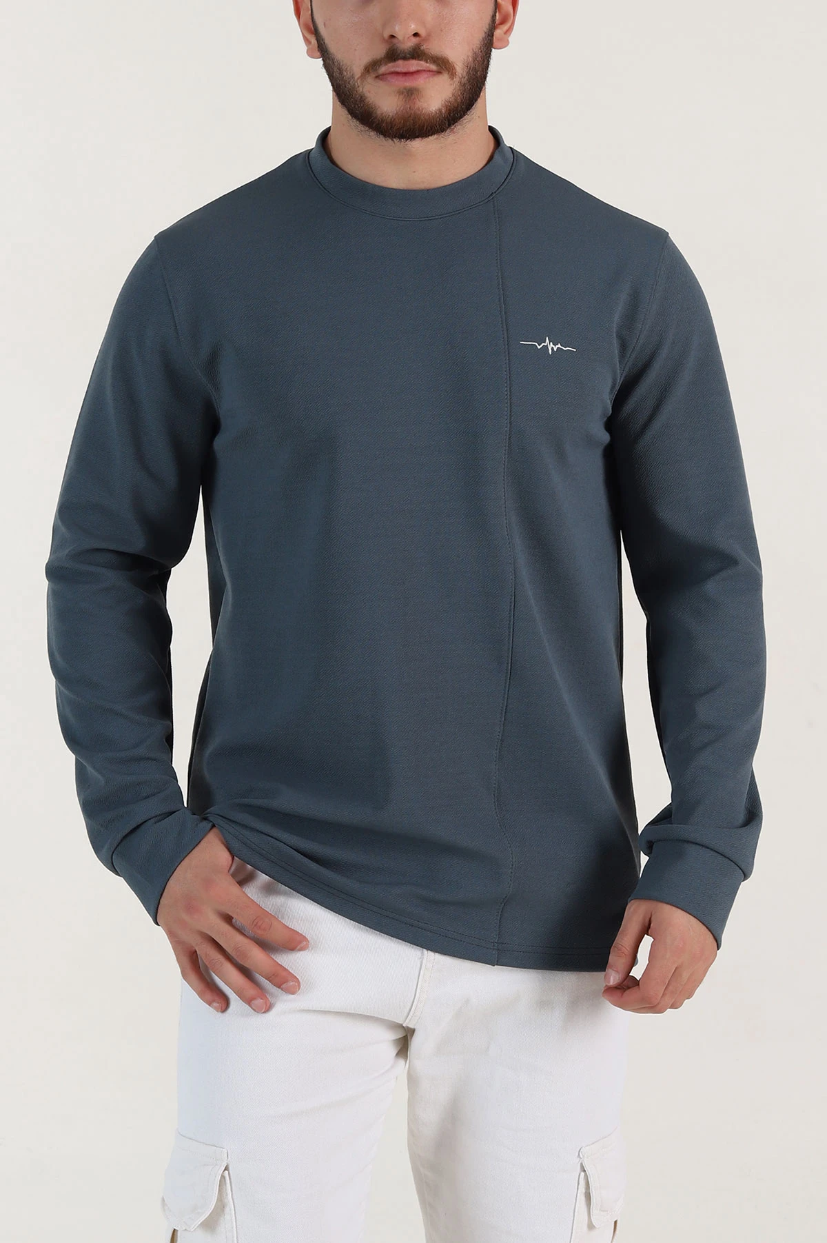 İndigo Nakış Detaylı Bisiklet Yaka Erkek Sweatshirt 396258
