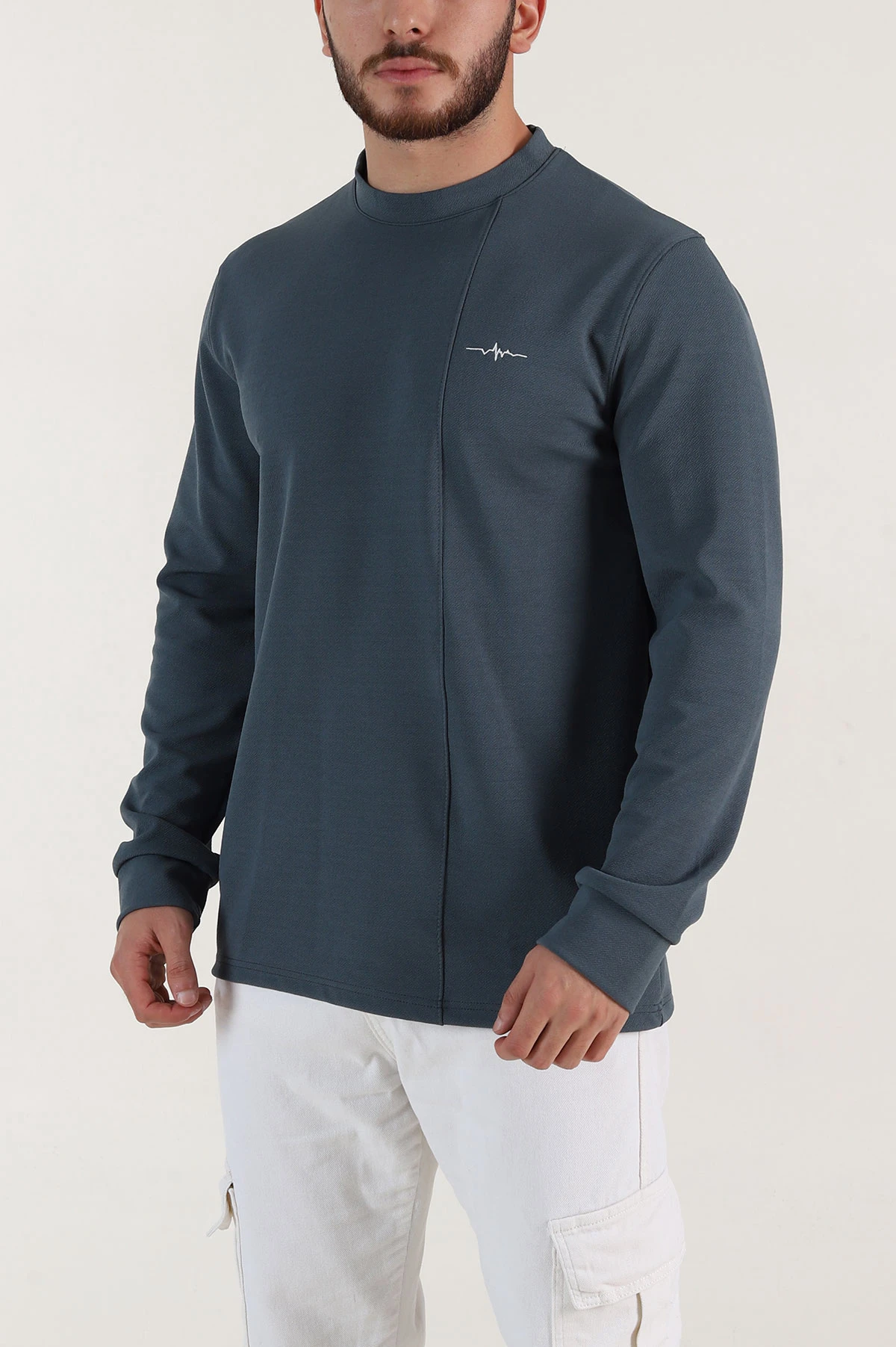 İndigo Nakış Detaylı Bisiklet Yaka Erkek Sweatshirt 396258