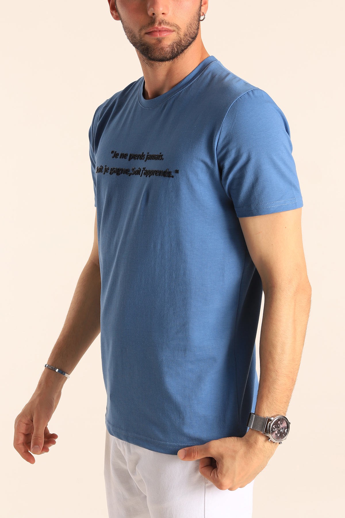 İndigo Oversize Göğüs Kabartma Yazılı Erkek Tişört 181425