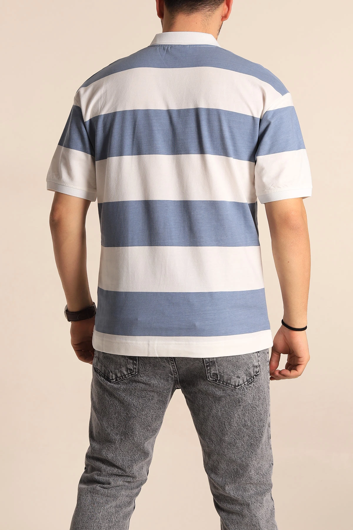 İndigo Oversize İki İp Geniş Çizgili Polo Yaka Erkek Tişört 257564