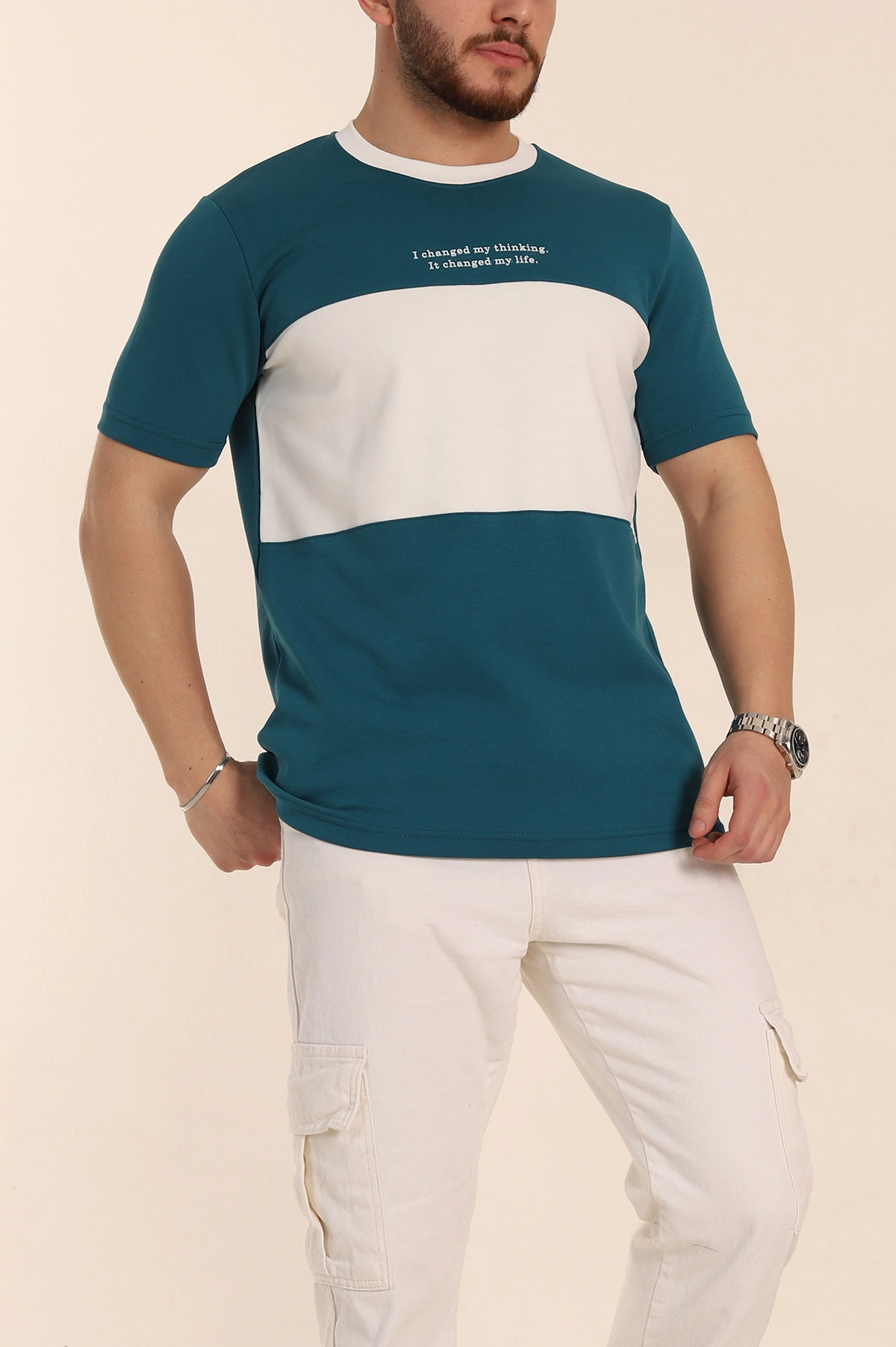 İndigo Oversize İnterlok Kumaş Kabartma Yazı Detaylı Erkek Tişört 353350