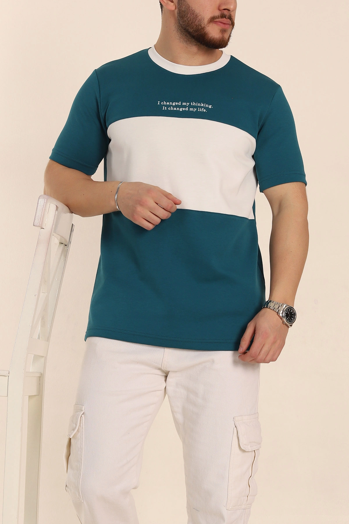İndigo Oversize İnterlok Kumaş Kabartma Yazı Detaylı Erkek Tişört 353350