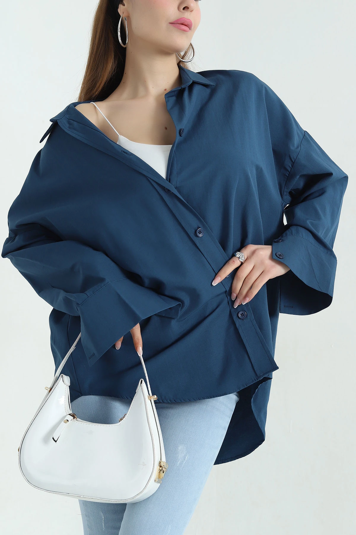 İndigo Oversize Kadın Poplin Gömlek 355803