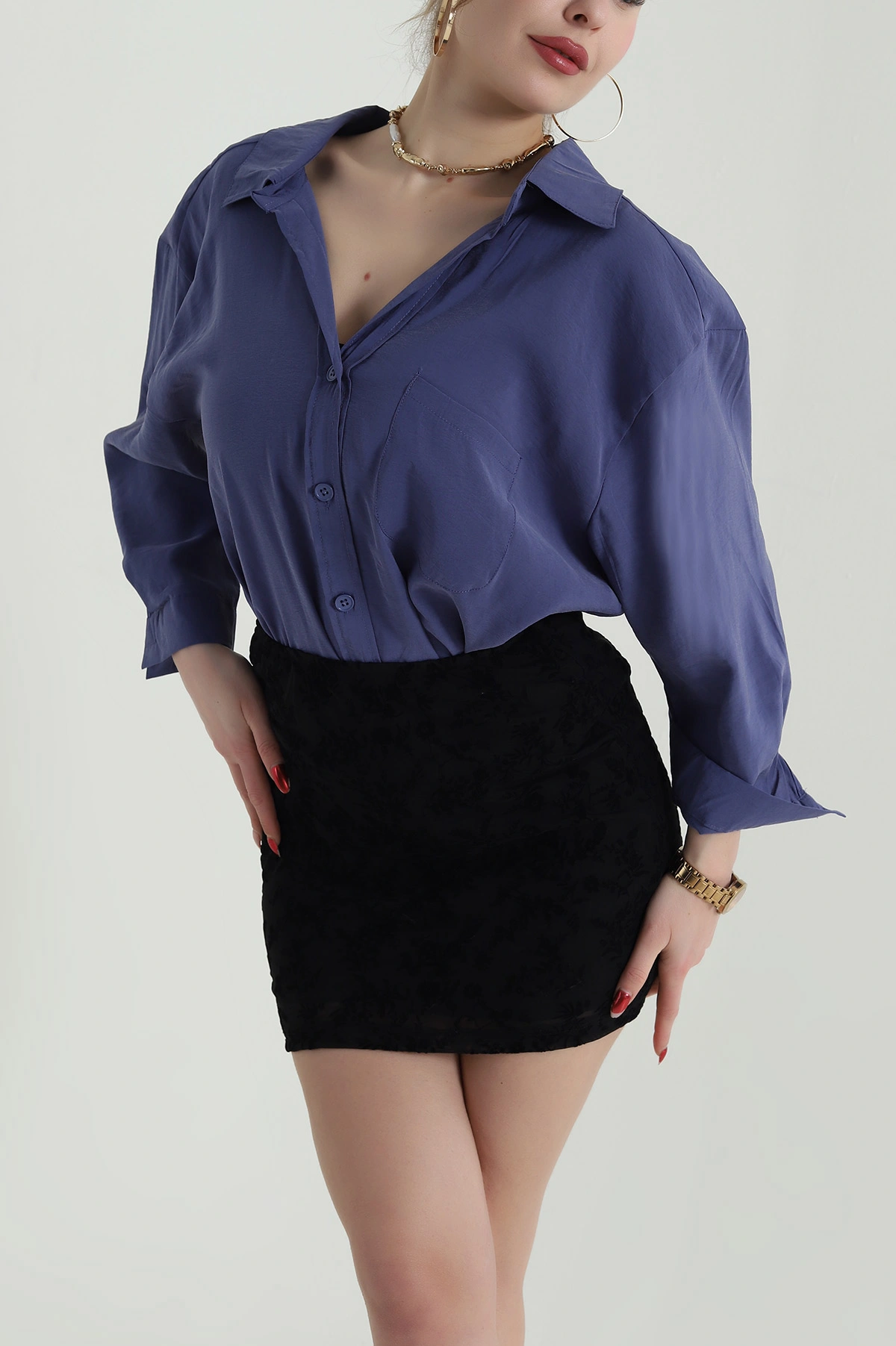 İndigo Oversize Modal Kadın Gömlek 427915