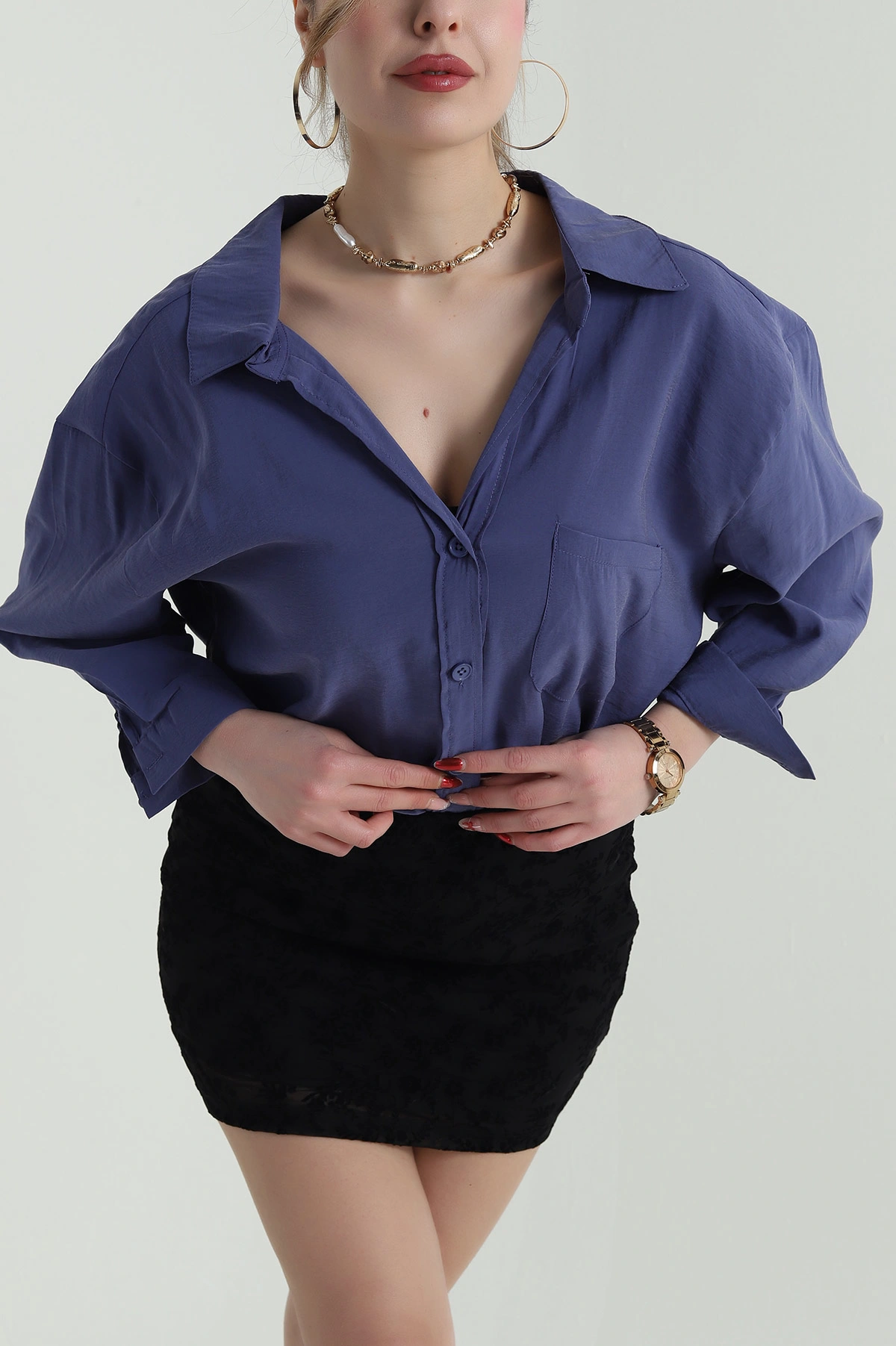 İndigo Oversize Modal Kadın Gömlek 427915