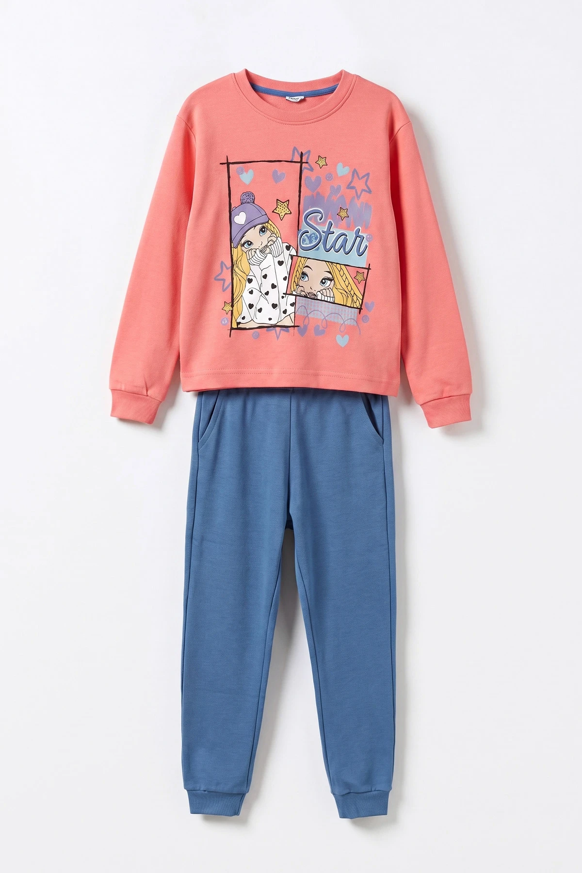 İndigo Pembe (7-10 Yaş)Star Kız Baskılı  Kız Çocuk Pijama Takımı 477009
