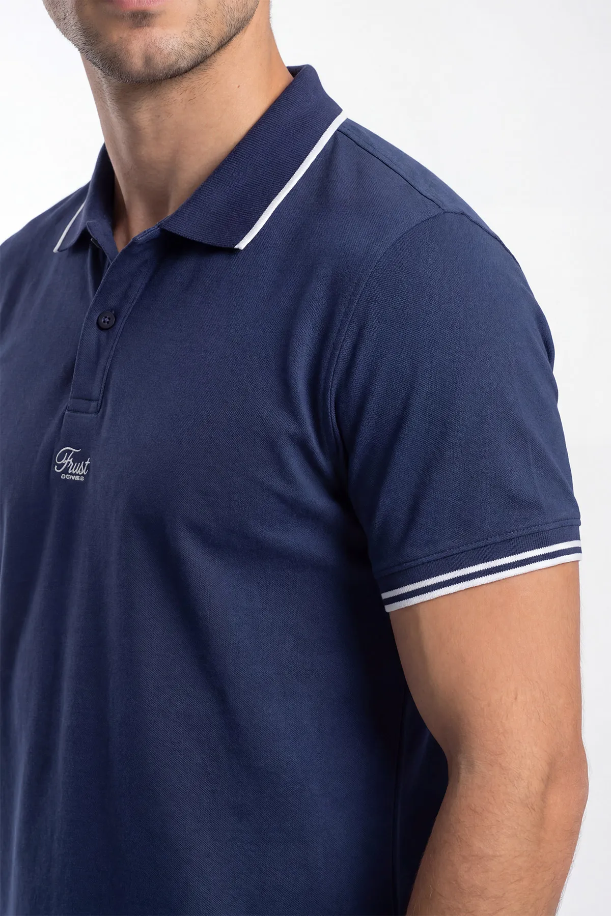 İndigo Polo Yaka Düğmeli Yazı Detaylı Erkek Tişört 435372