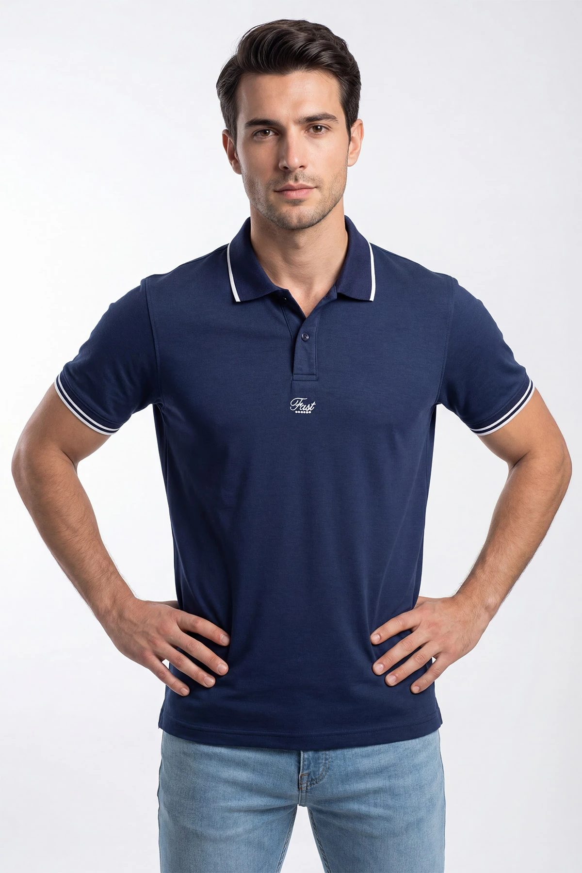 İndigo Polo Yaka Düğmeli Yazı Detaylı Erkek Tişört 435372