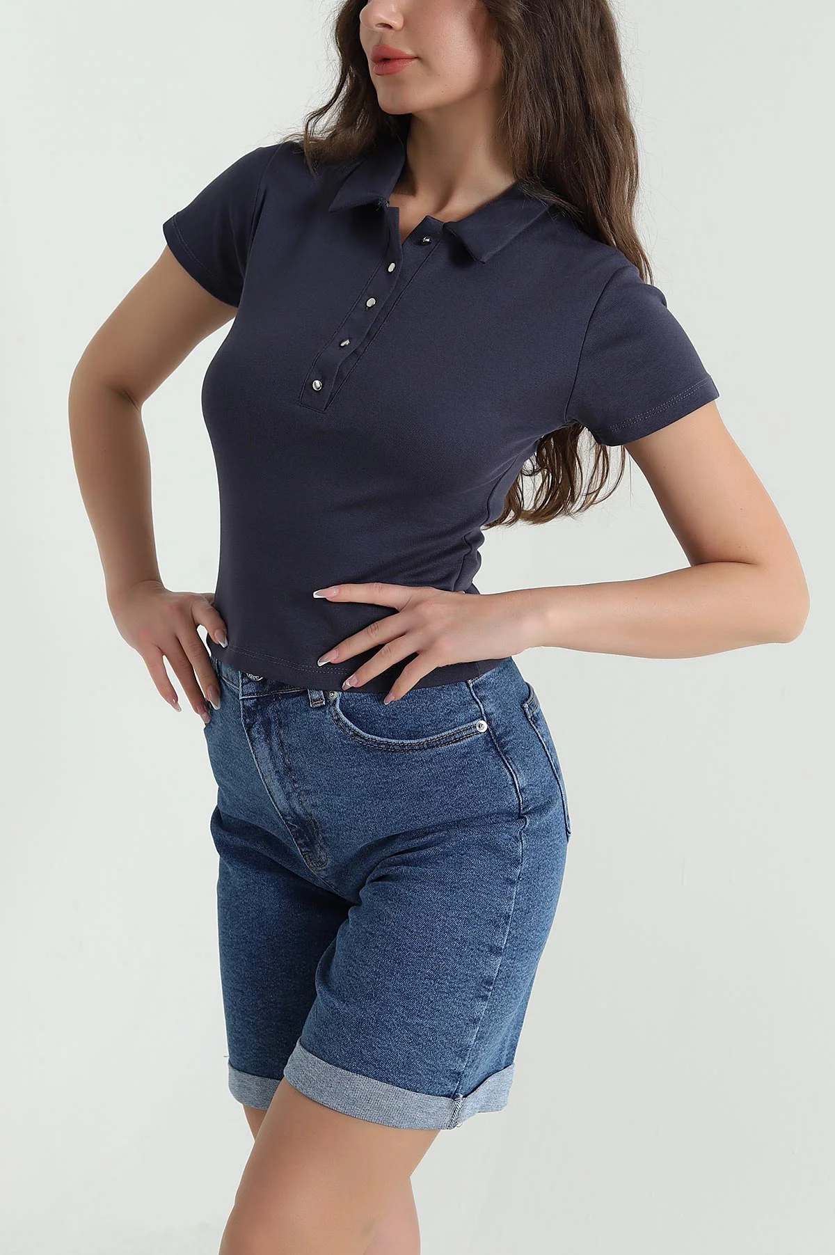 İndigo Polo Yaka Ribana Kadın Bluz 461028