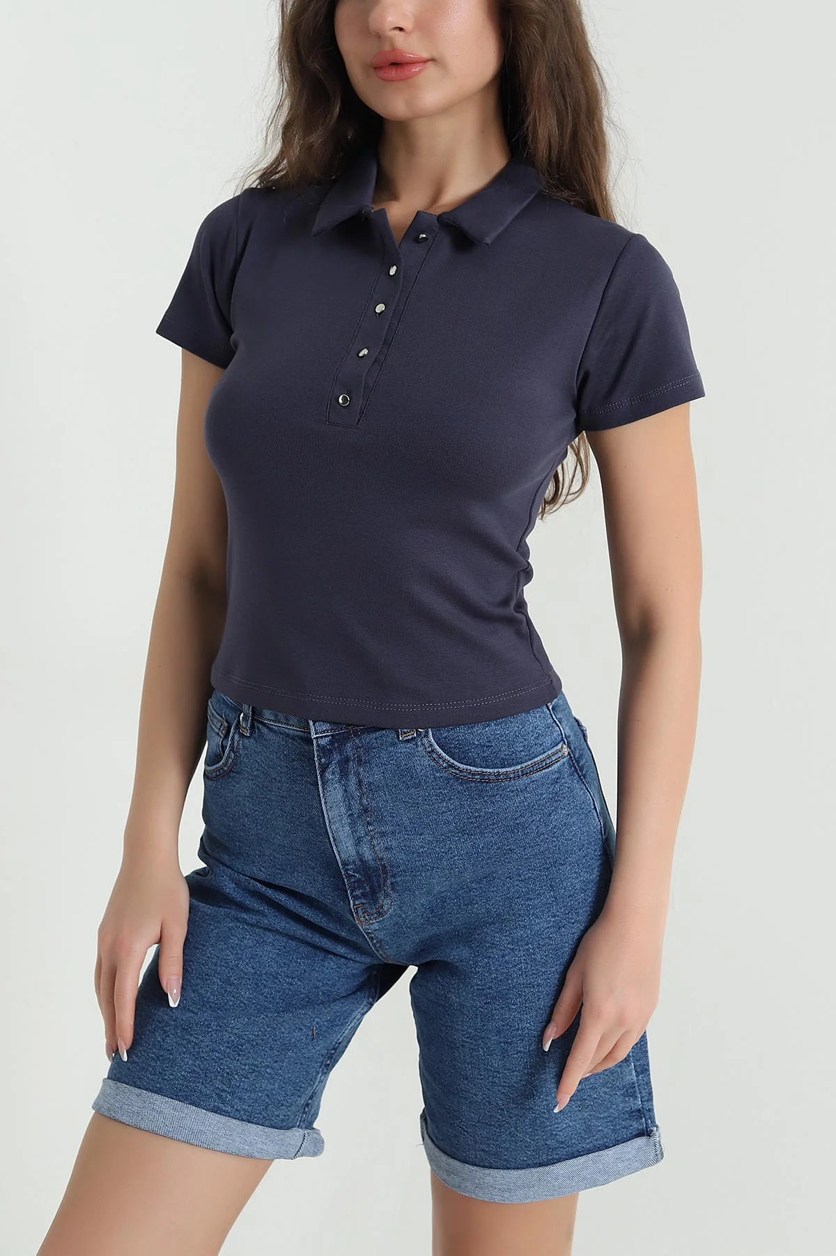 İndigo Polo Yaka Ribana Kadın Bluz 461028