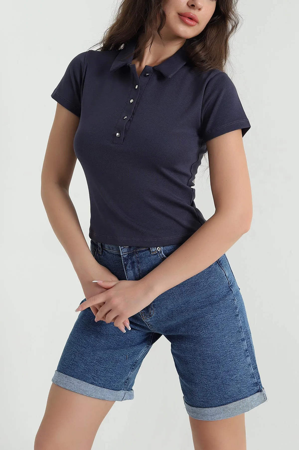 İndigo Polo Yaka Ribana Kadın Bluz 461028