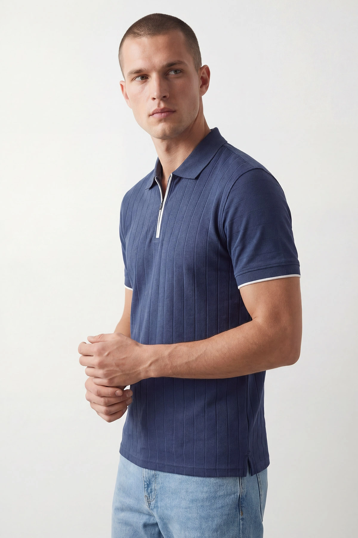 İndigo Polo Yaka Yarım Fermuarlı Erkek Tişört 435367