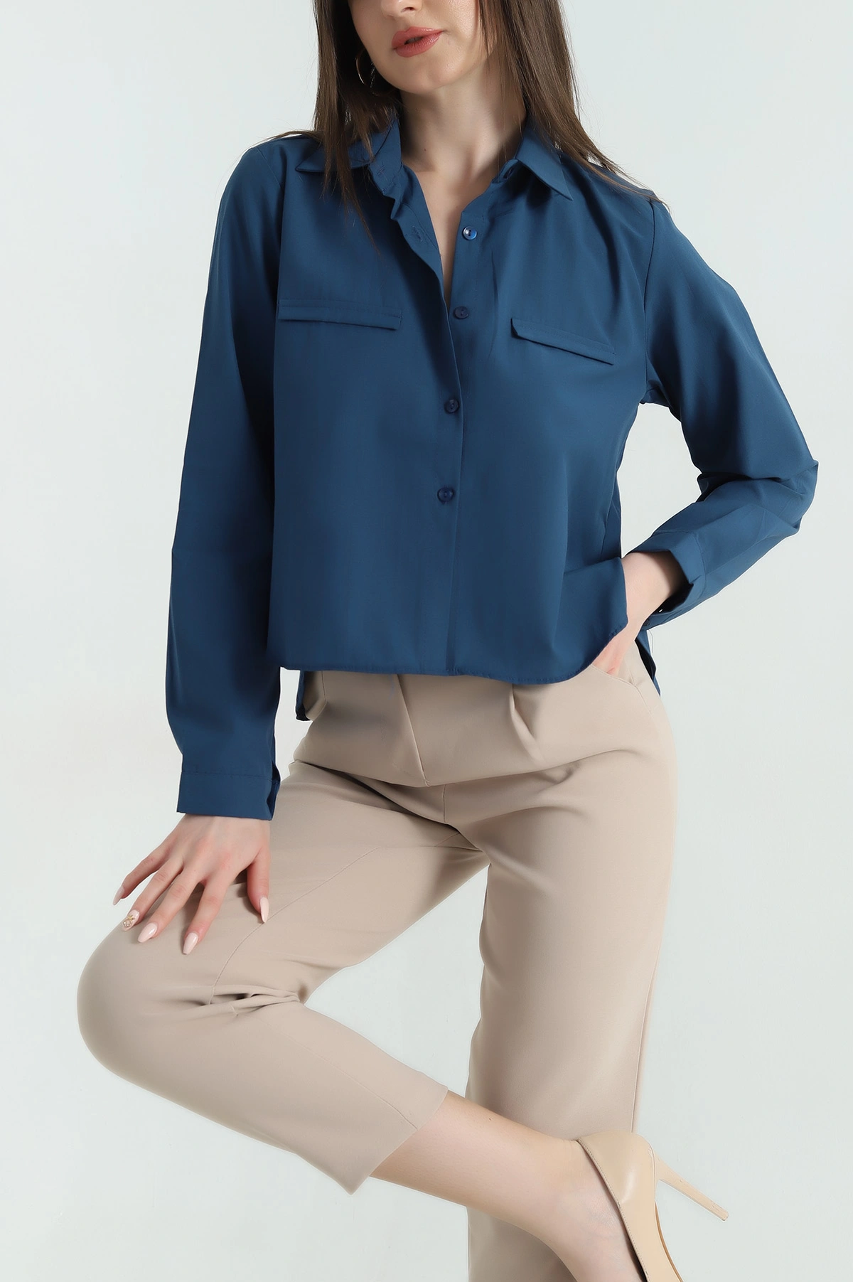 İndigo Poplin Kumaş Kadın Crop Gömlek 355801