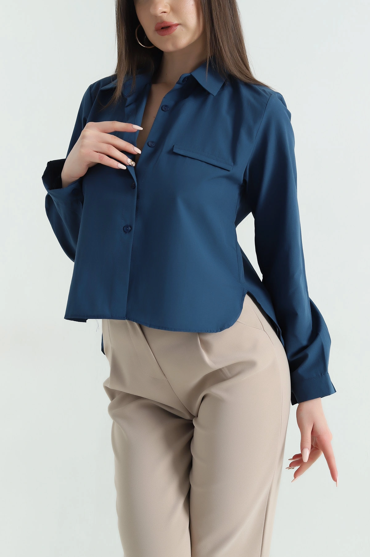 İndigo Poplin Kumaş Kadın Crop Gömlek 355801