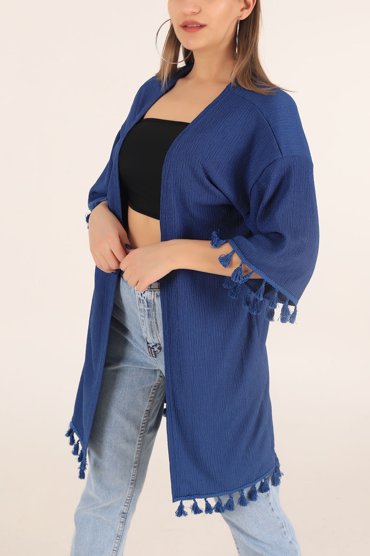 İndigo Püskül Detay Seul Kimono Hırka 168592