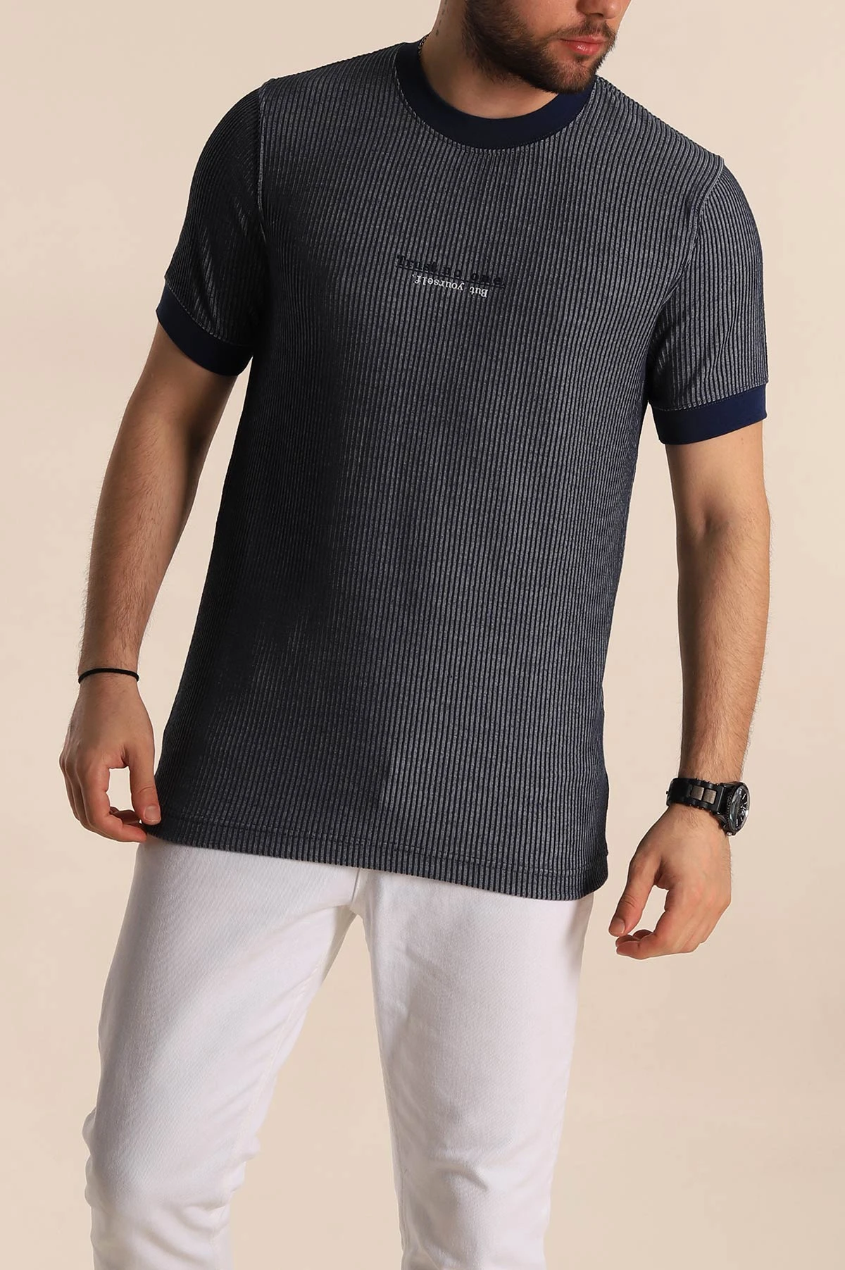İndigo Regular Fit Çizgi Dokulu Yazı Detay Erkek Tişört 268725