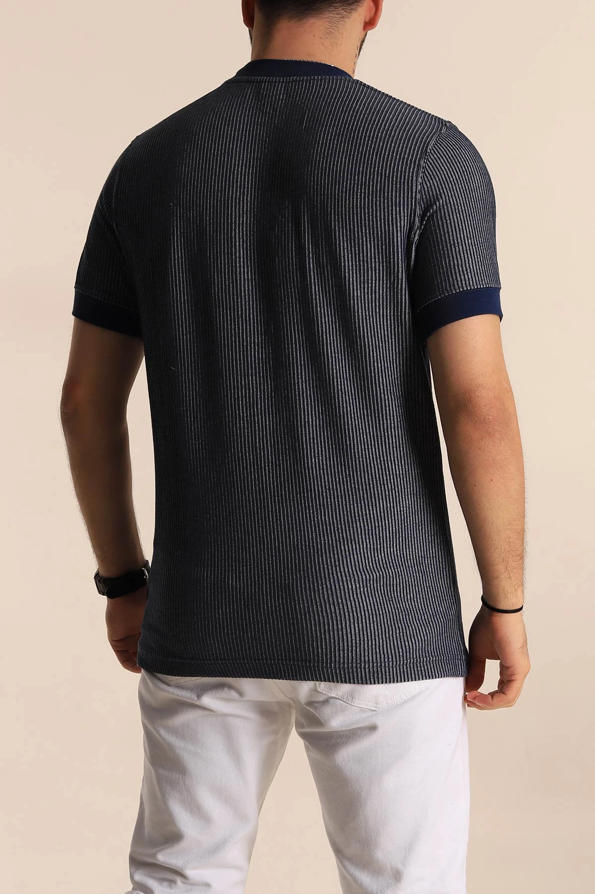 İndigo Regular Fit Çizgi Dokulu Yazı Detay Erkek Tişört 268725