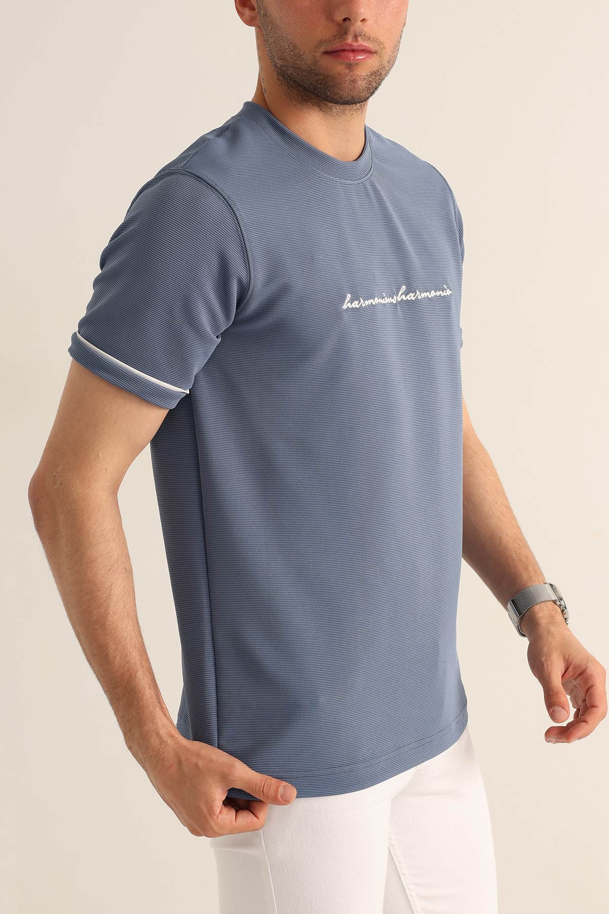 İndigo Regular Fit Dokulu Nakışlı Yazı Detay Erkek Tişört 182161