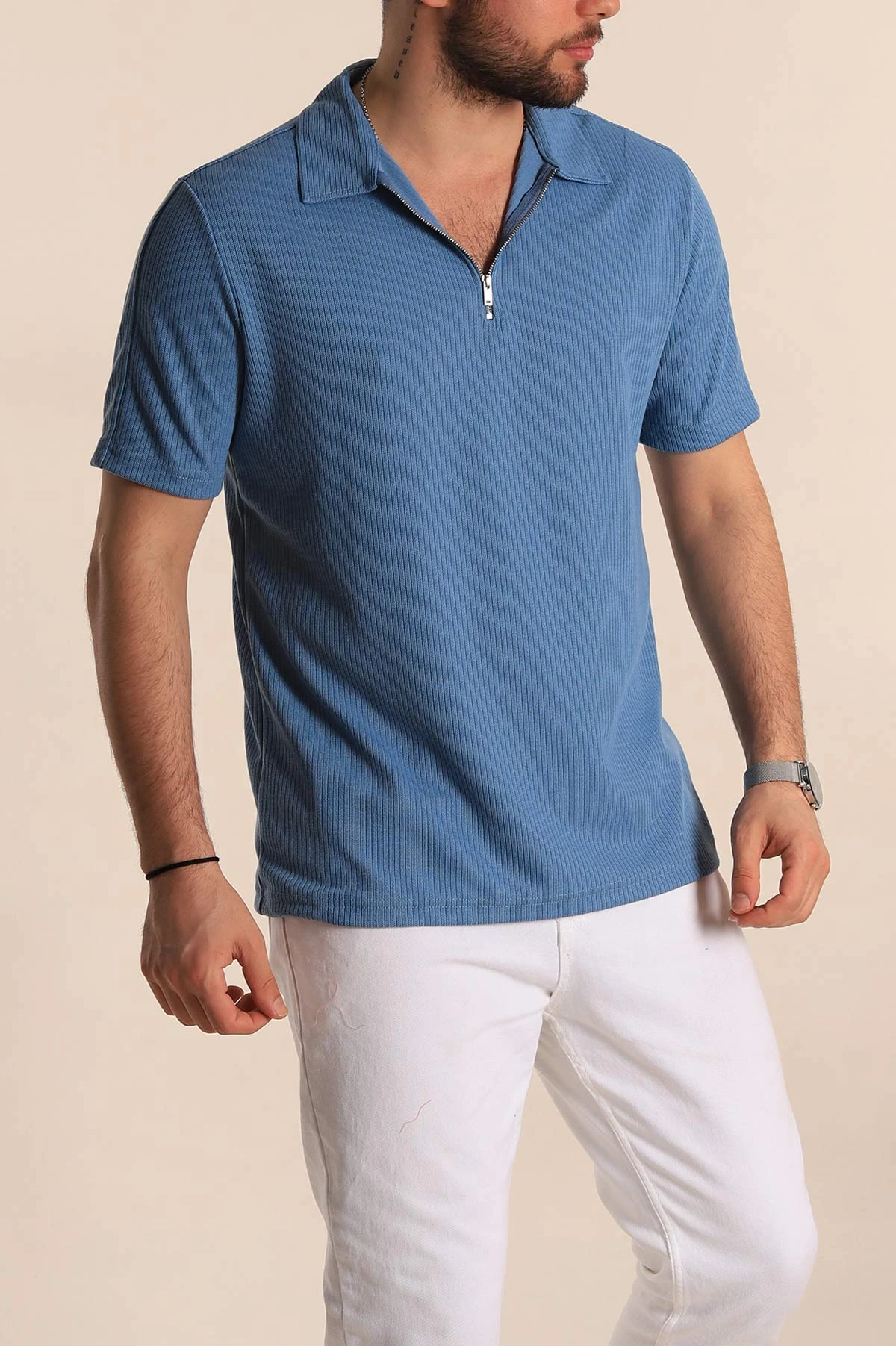 İndigo Regular Fit Fitilli Doku Fermuarlı Yaka Erkek Tişört 268889