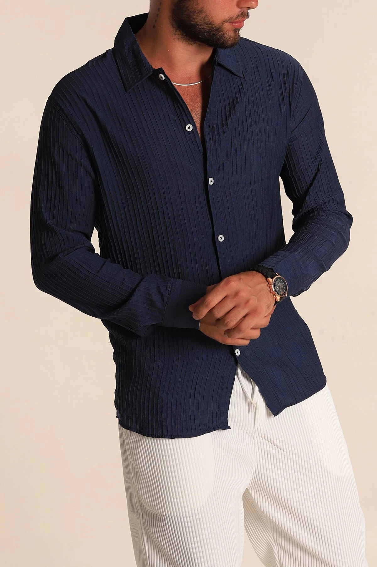 İndigo Regular Fit Plise Dokulu Erkek Gömlek 283875