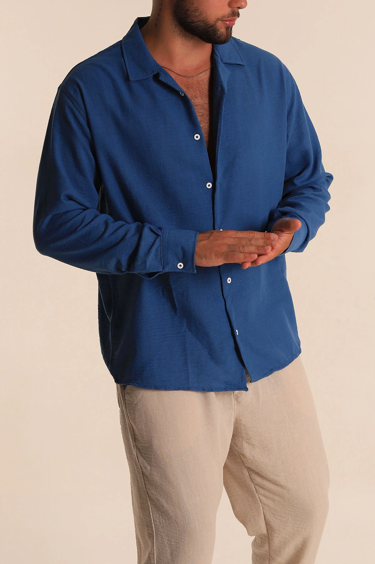 İndigo Relaxed Fit Bambu Keten Apaş Yaka Erkek Gömlek 285491