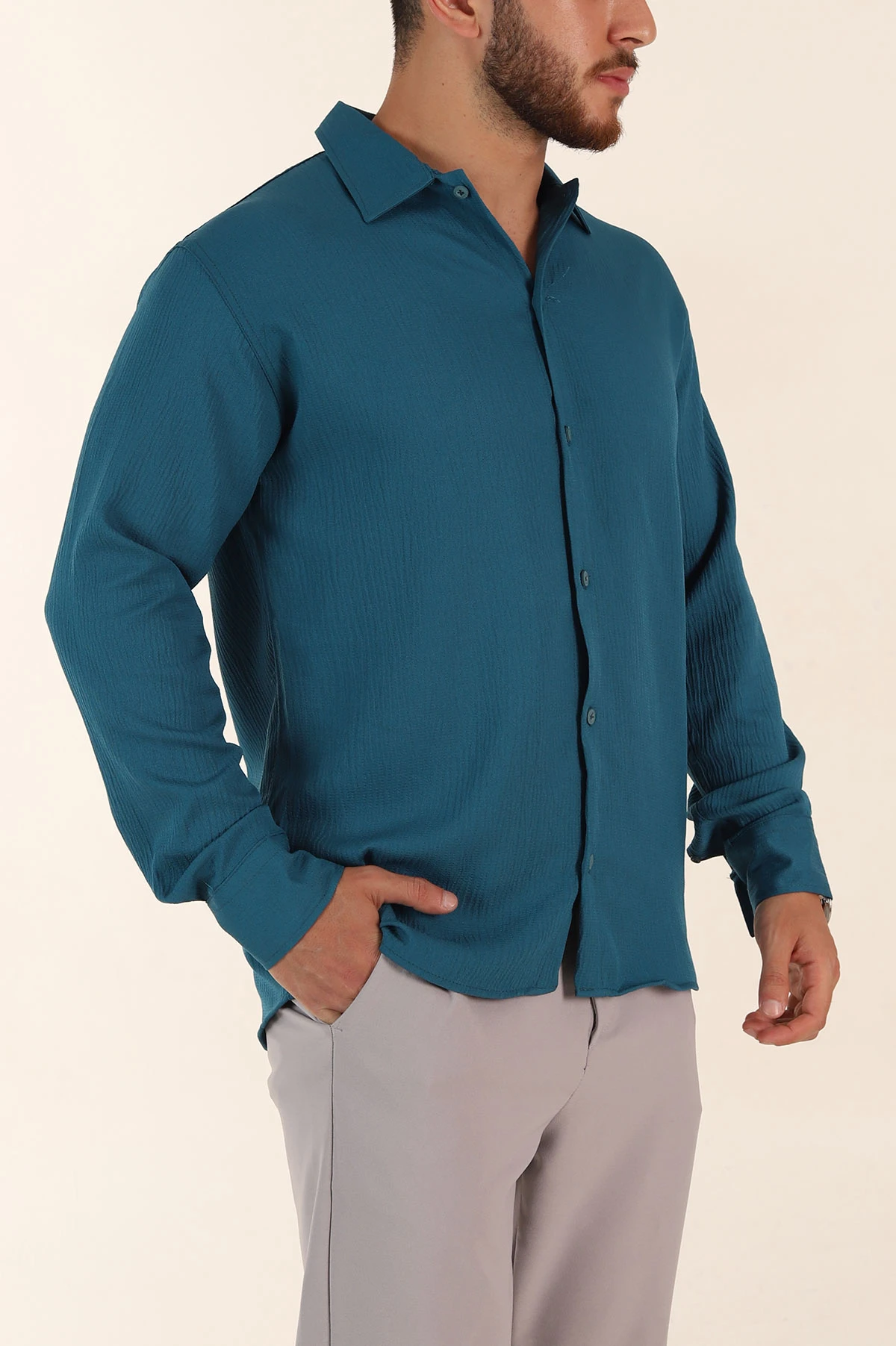 İndigo Relaxed Fit Bürümcük Dokulu Uzun Kollu Erkek Gömlek 369321