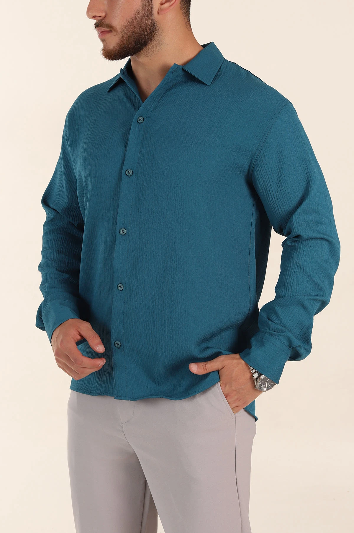 İndigo Relaxed Fit Bürümcük Dokulu Uzun Kollu Erkek Gömlek 369321