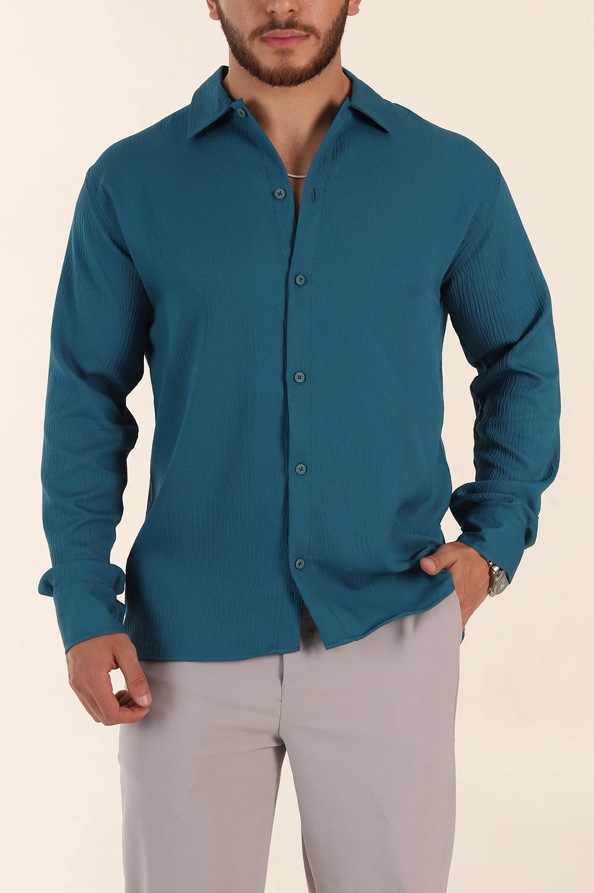 İndigo Relaxed Fit Bürümcük Dokulu Uzun Kollu Erkek Gömlek 369321