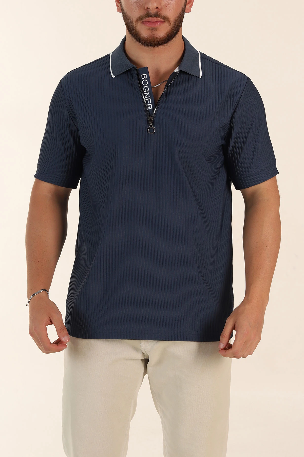 İndigo Relaxed Fit Çizgili Fermuarlı Polo Yaka Erkek Tişört 370340