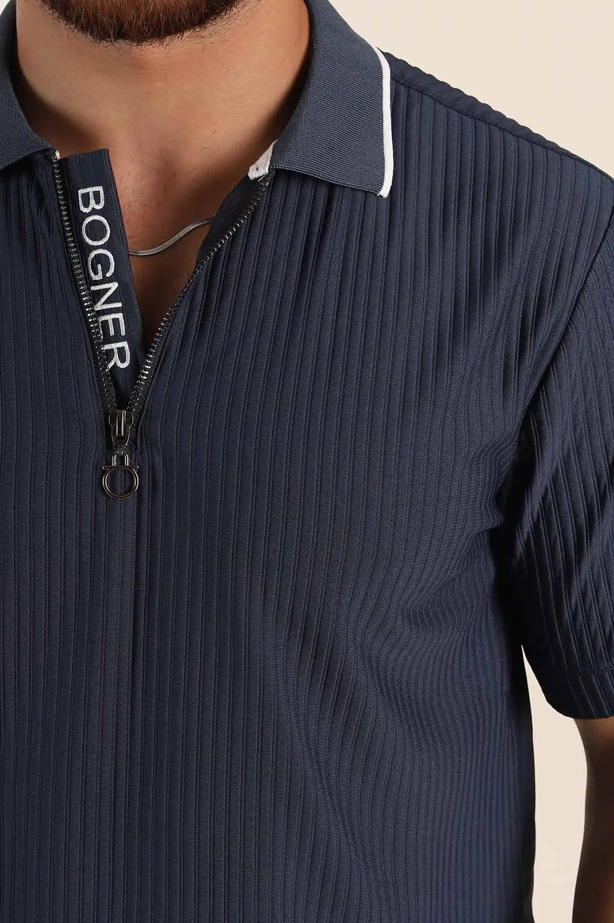 İndigo Relaxed Fit Çizgili Fermuarlı Polo Yaka Erkek Tişört 370340