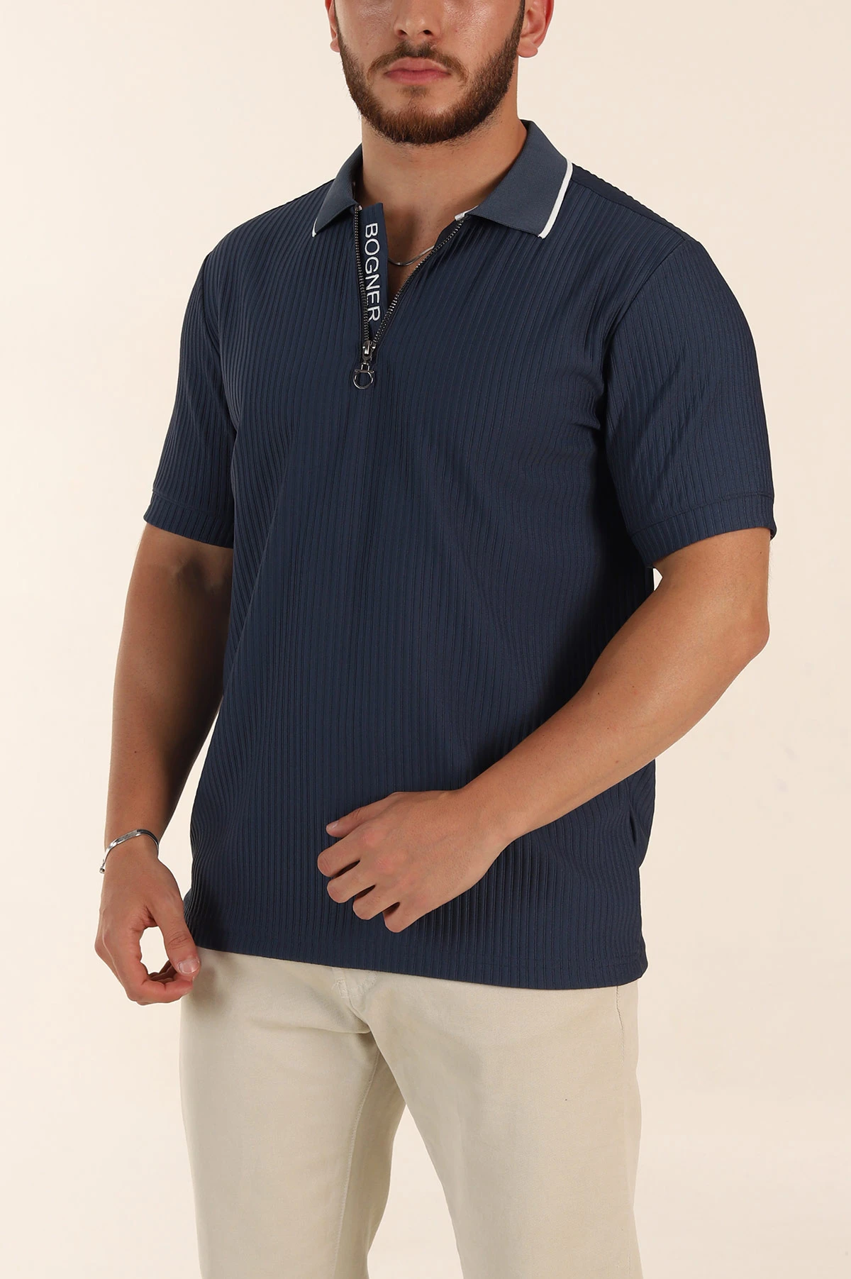 İndigo Relaxed Fit Çizgili Fermuarlı Polo Yaka Erkek Tişört 370340