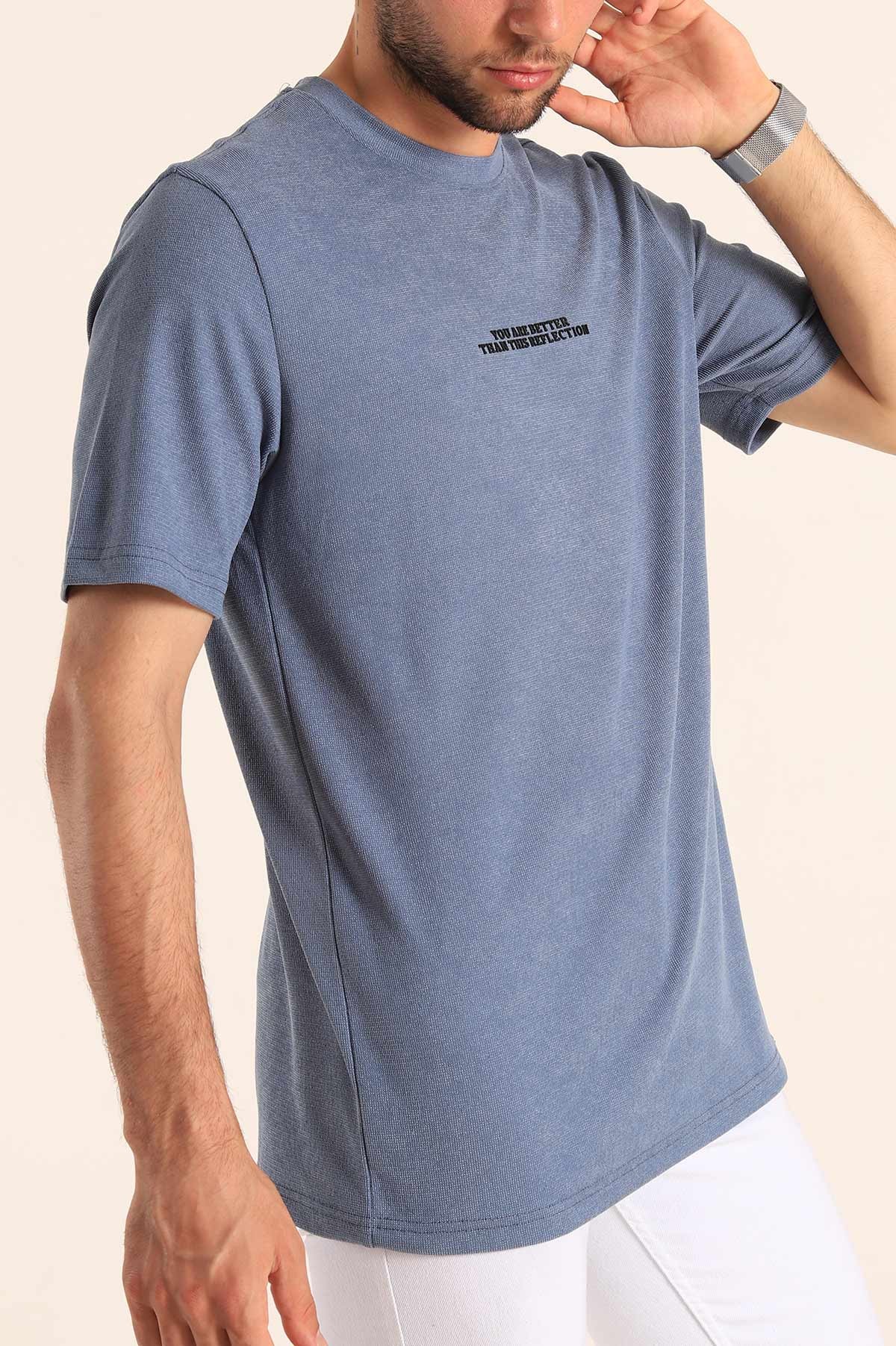 İndigo Relaxed Fit Dokulu Slogan Baskılı Erkek Tişört 186772